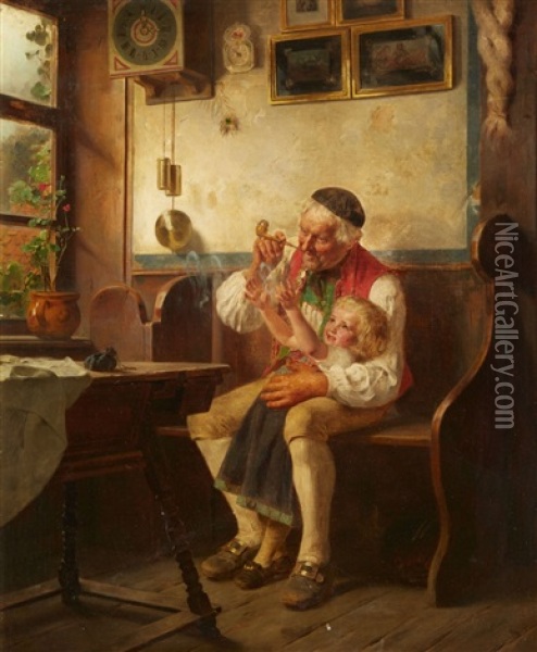 Grandfather And Grandchild Oil Painting - Friedrich Hiddemann