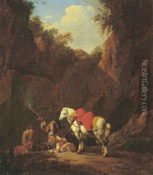 A Huntsman Firing A Pistol In A Rocky Landscape, Along With His Horse, Hounds And Attendant Oil Painting - Johann Heinrich Roos