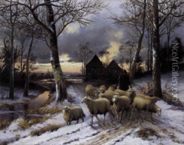 Herder In De Sneeuw Oil Painting - Jean-Baptiste Leopold van Leemputten