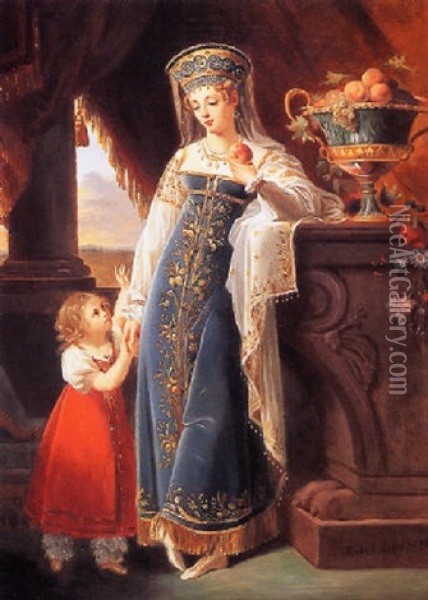 Princess Bariatinsky With Her Daughter Olga, The Countess Davidoff, In Russian Dress Oil Painting - Robert Jacques Francois Faust Lefevre