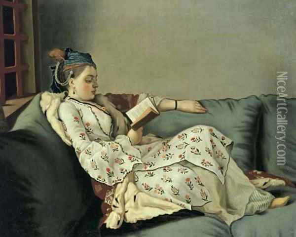 Lady in Turkish costume reading on a divan Oil Painting - Etienne Liotard