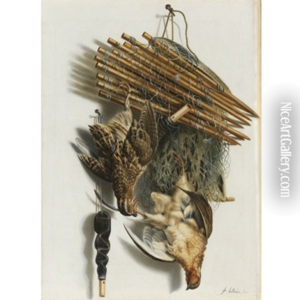 Trompe L'oeil Still Life With Two Quails, A Bird Net And A Whistle Oil Painting - Jacobus Biltius