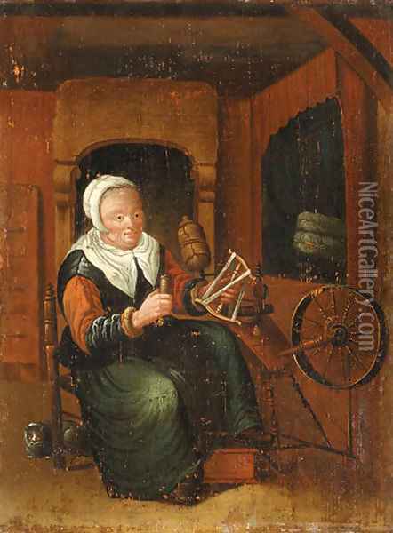 An old Lady Spinning in an Interior Oil Painting - Jan Josef, the Elder Horemans