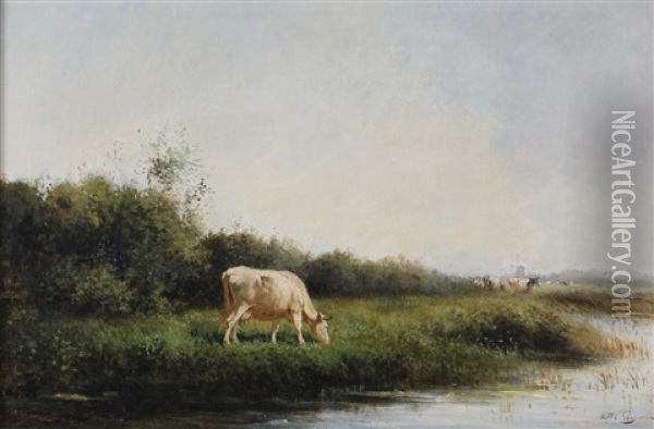 Polderlandschap Met Koeien Oil Painting - Herman Bogman I