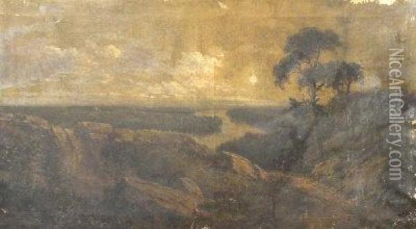 A Figure On A Path In An Extensive Wooded River Landscape Oil Painting - Edmund John Niemann, Snr.