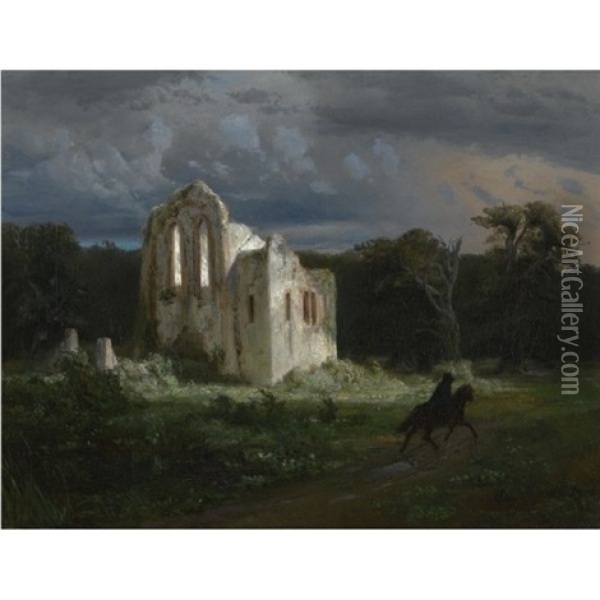 Mondscheinlandschaft Mit Ruine (moonlit Landscape) Oil Painting - Arnold Boecklin