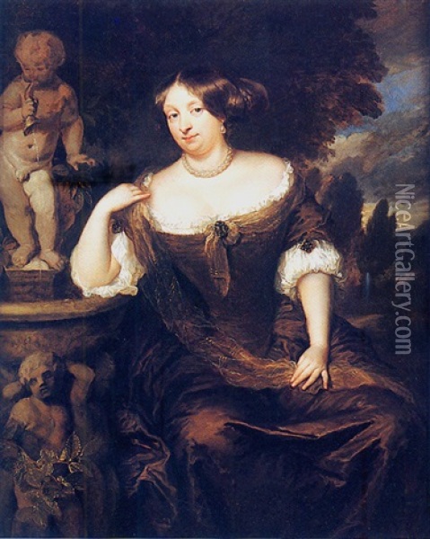 Portrait D'une Princesse D'orange (?) Pres D'une Fontaine Oil Painting - Caspar Netscher