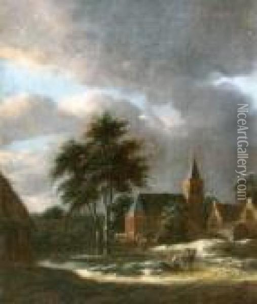 Winterliches Dorf Mit Kirche Und Passanten Oil Painting - Claes Molenaar (see Molenaer)