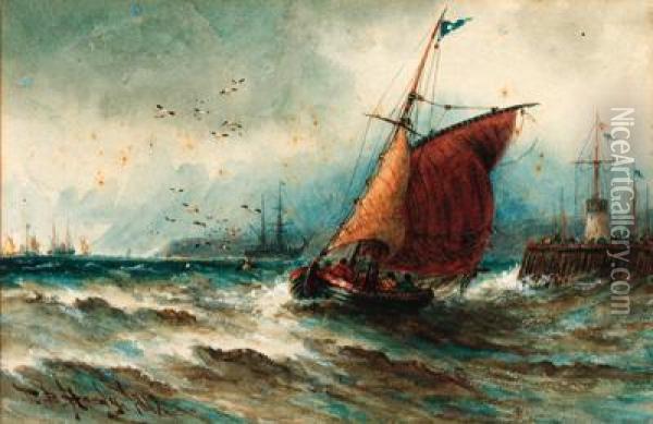Running Out Of Harbour On A Breezy Day Oil Painting - Thomas Bush Hardy