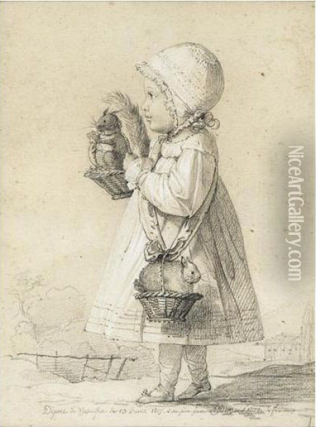 Petite Fille De Profil Avec Son Ecureuil Et Son Lapin Oil Painting - A. Dubois