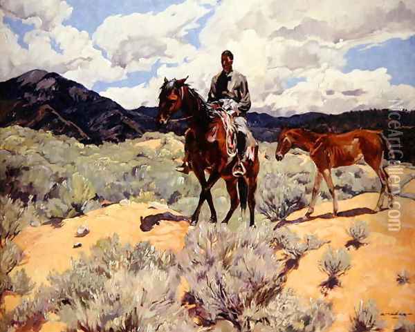 Indian on Horseback with Colt Oil Painting - Walter Ufer