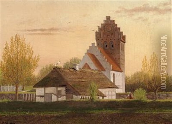 Kvaerkeby Kirke. Aften Oil Painting - Constantin (Carl Christian Constantin) Hansen