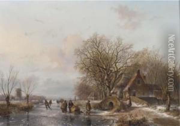 Skaters And A Sportsman On The Ice, A Windmill And Koek En Zopiebeyond Oil Painting - Everardus Benedictus Gregorius Mirani