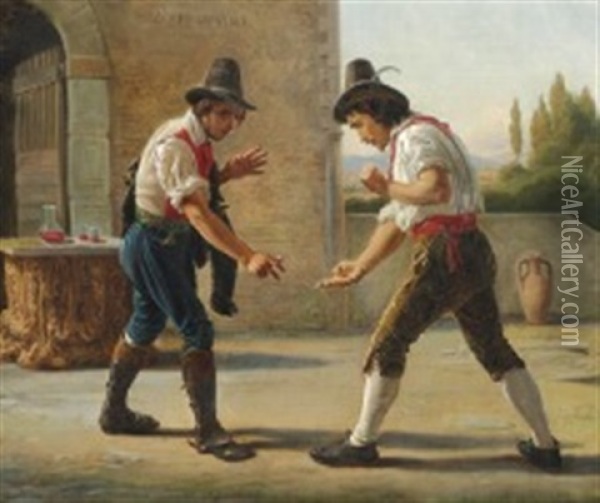 Two Morra Players Outside An Osteria, On The Wall Is Written 