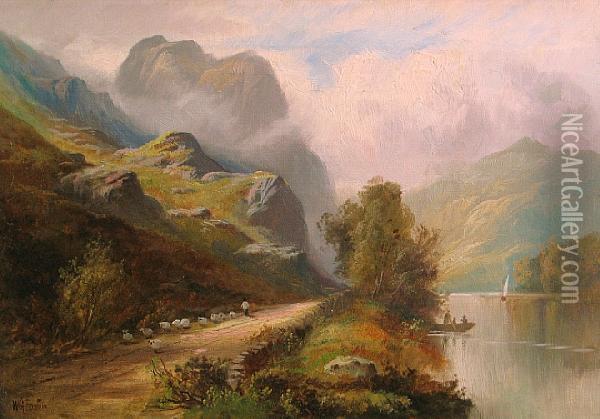A Mountainous Landscape With A Shepherd Andhis Flock On A Track By A River Oil Painting - William Gilbert Foster
