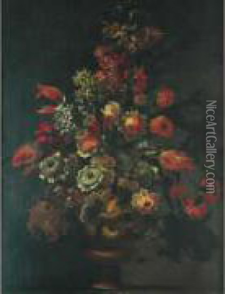 Vase De Fleurs Sur Un Entablement. Oil Painting - Jan-baptist Bosschaert