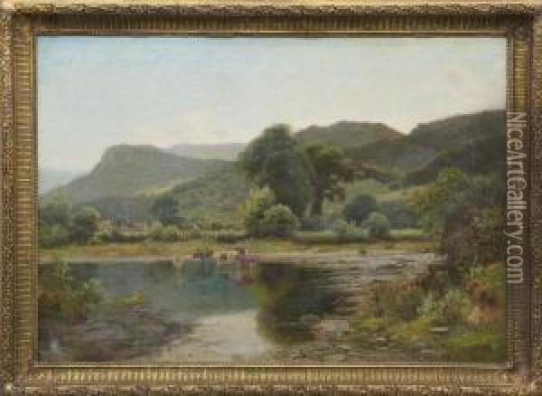 Extensive Hilly River Landscape Oil Painting - Thomas Spinks