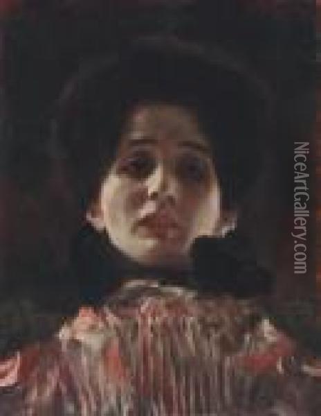 Dame En Face Mit Plisiertem Kleid Oil Painting - Gustav Klimt