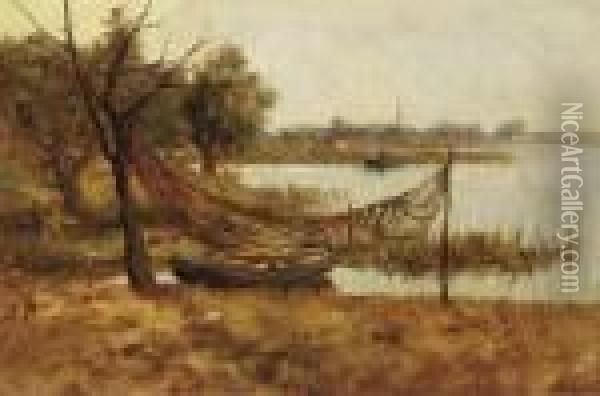 Fishing Nets Drying In A Polder Landscape Oil Painting - Jan Hillebrand Wijsmuller