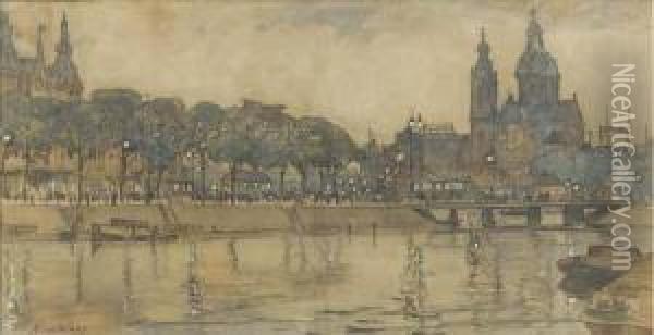 Central Station And The St Nicolaas Church Oil Painting - Nicolaas Van Der Waay