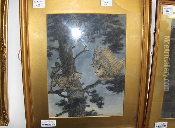 Owl Startled By A Cat In A Pine Tree Oil Painting - Frederick Williams Davis