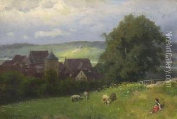 Kleine Schafhirtin Mit Herde Oil Painting - August Karl Martin Splitgerber
