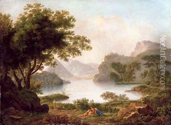 A river landscape with a pyramid, with classical figures on a bank Oil Painting - Jean-Pierre Pequignot