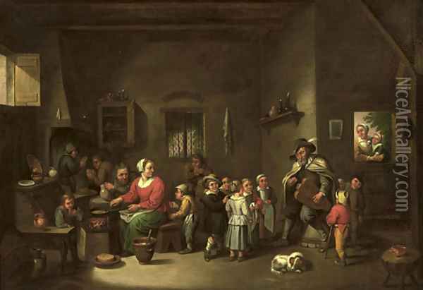 An interior with a hurdy-gurdy player making music, children listening and eating pancakes Oil Painting - Victor Mahu