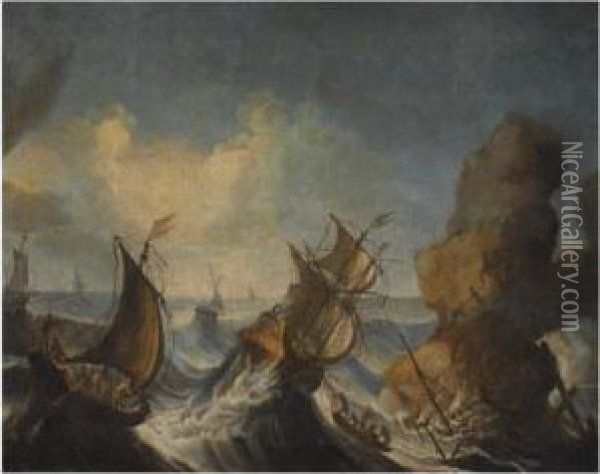 Shipping Off A Rocky Coast In A Gale Oil Painting - Bartolomeo Pedon