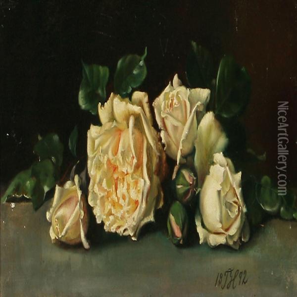 White Roses On A Table Oil Painting - Theodora Havsteen
