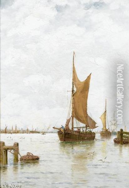 Hafenszene Mit Seglern Und Mowen. Oil Painting - George Stanfield Walters