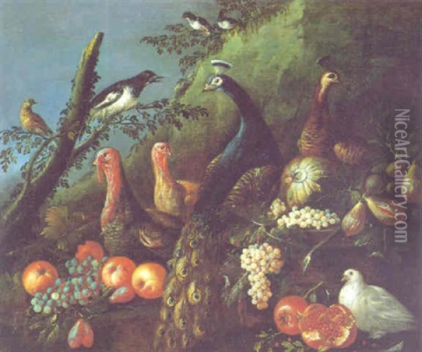 Landschaft Mit Pfauen, Truthahnen Und Anderen Vogeln, Mit Apfeln Und Weintrauben Oil Painting - Jacob van der Kerckhoven