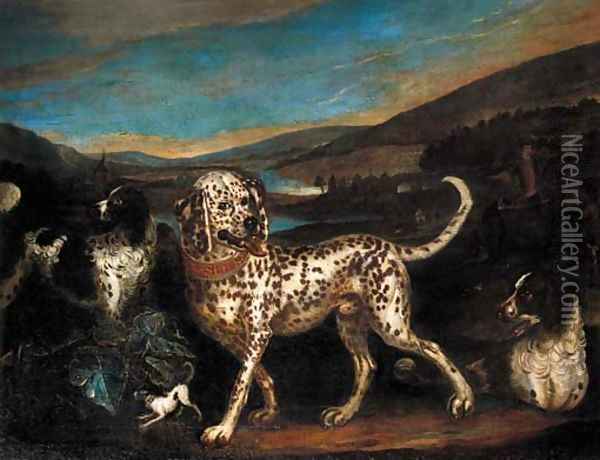 A dalmatian with a sportsman and hounds in a landscape Oil Painting - Adriaen Cornelisz. Beeldemaker