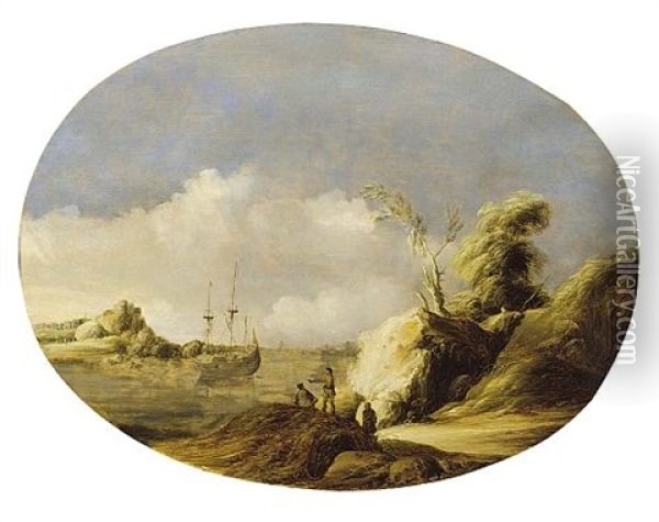 A Coastal Landscape With A Sailing Vessel At Anchor And Figures In The Foreground Oil Painting - Gillis (Egidius I) Peeters