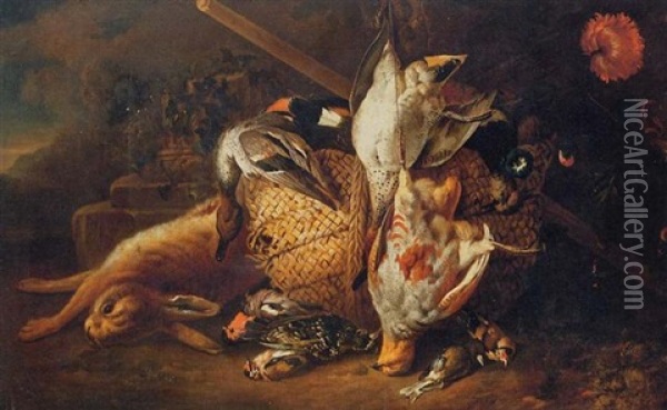 A Still Life Of Dead Game Including A Rabbit, Duck And Songbirds In A Landscape Oil Painting - Jakob Bogdani