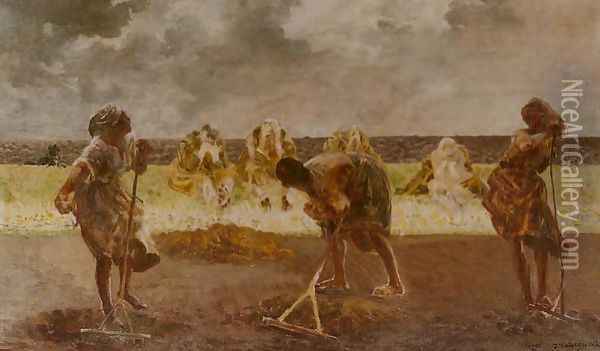 Three Women Raking Oil Painting - Jacek Malczewski