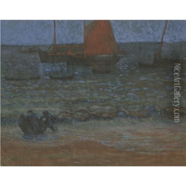 Marine Au Crepuscule (+ Pecheurs Et Bateau De Peche, Verso) Oil Painting - Emile Jourdan
