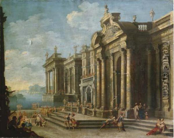 Capriccio Architettonico Con Ester E Assuero Oil Painting - Lorenzo Di Pietro Vecchietta