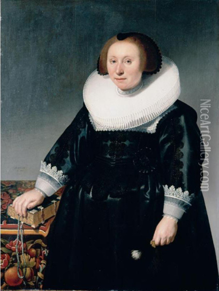 Portrait Of A Lady, Three-quarter Length, Wearing A Black Embroidered Dress And Standing Next To A Table With Her Hand On A Book Oil Painting - Herman Mijnerts Doncker