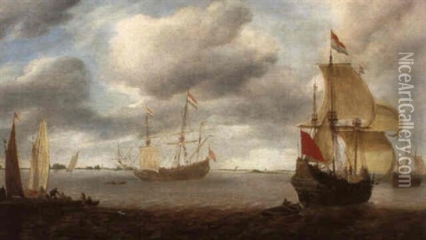 Dutch Shipping In An Estuary With Figures On A Jetty Oil Painting - Jan Borritsz Smit