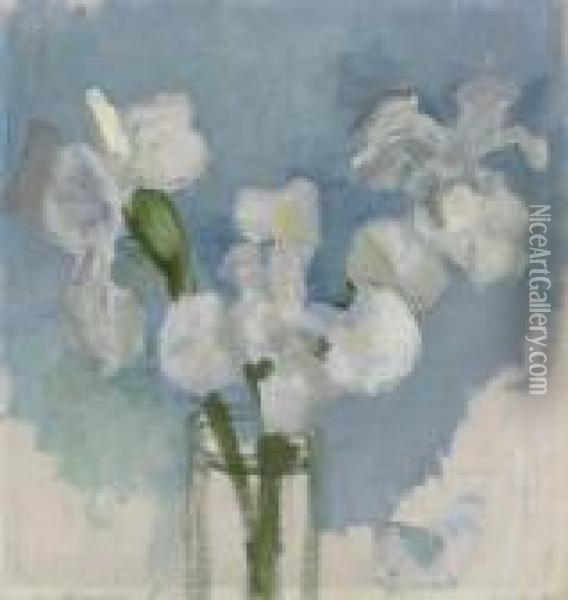 White Irises Against A Light Blue Background, I Oil Painting - Piet Mondrian