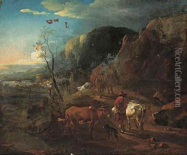 A mountain path with cattle and drovers Oil Painting - Nicolaes Berchem