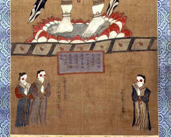 Female figures making offerings to Avalokitesvara (Guanyin) (detail from a hanging scroll from the Dunhuang Caves, 664 AD) Oil Painting - Anonymous Artist