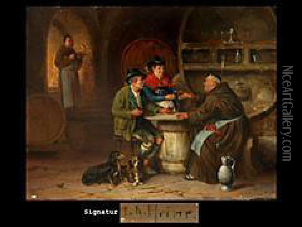 Zwei Monche Mit Bauerlichem Paar Und Zwei Hunden Imweinkeller Oil Painting - Johann Adalbert Heine