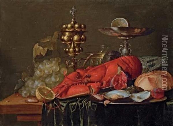 A Lobster On A Blue And White Porcelain Platter, Oysters, A Shrimp, A Plum And A Fig On A Pewter Plate, A Bread Roll, A Pewter Tazza, A Gold Stand And Grapes On A Partly-draped Wooden Table Oil Painting - Carstiaen Luyckx