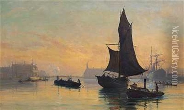 Skibe I Kobenhavns Havn Ved Solnedgangstide Oil Painting - Christian Ferdinand Andreas Molsted