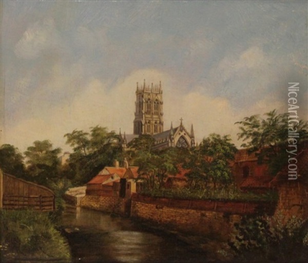 Untitled - View Of Durham Cathedral Oil Painting - Thomas Creswick