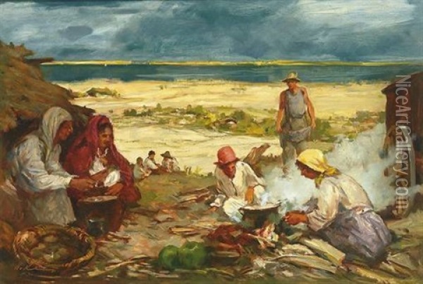 Lagernde Zigeuner An Der Ungarischen Donau Oil Painting - Sandor Kubinyi
