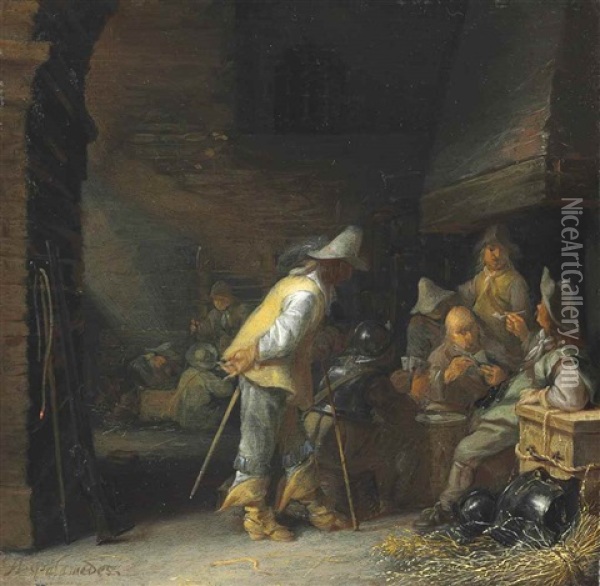 Soldiers Playing Cards And Smoking In A Barn Oil Painting - Anthonie Palamedesz
