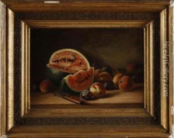 Pasteques, Peches Et Prunes. Oil Painting - Antoine Gadan